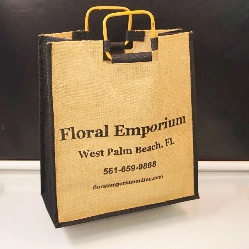 Floral Emporium Natural Burlap Jute Tote Bag Reusable Full Gusset Bamboo Handles